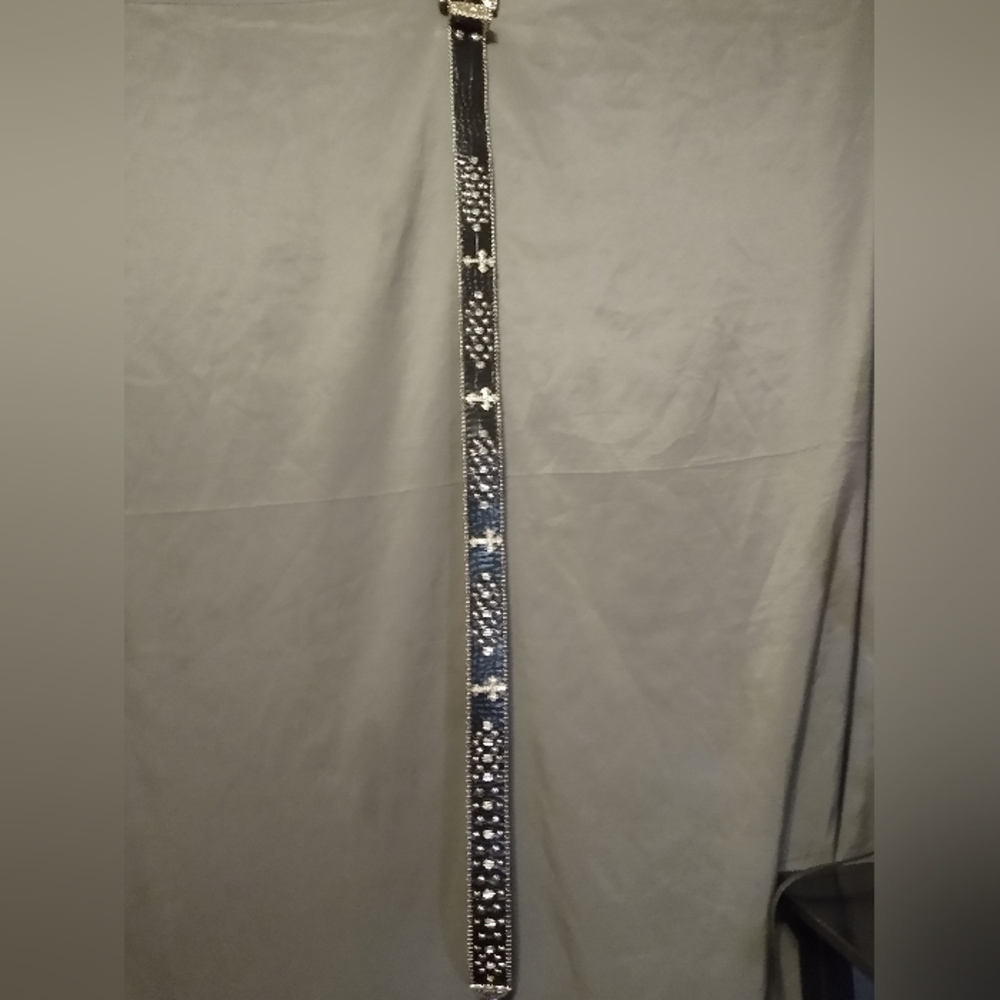 Belts Co. Black Belt with Silver Detailing Rhinestone Crosses